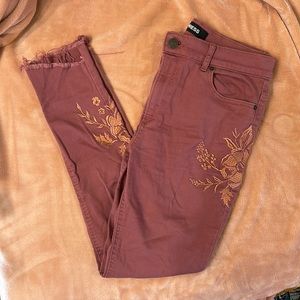 Red Express High Rise Skinny Jeans with Embroidered Flowers